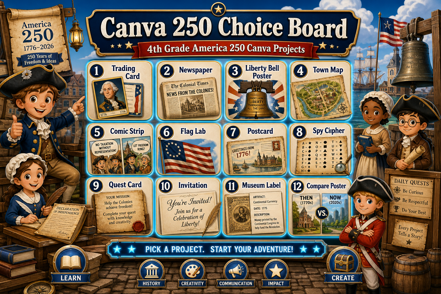 Canva 250 Choice Board with twelve America250 Canva project choices
