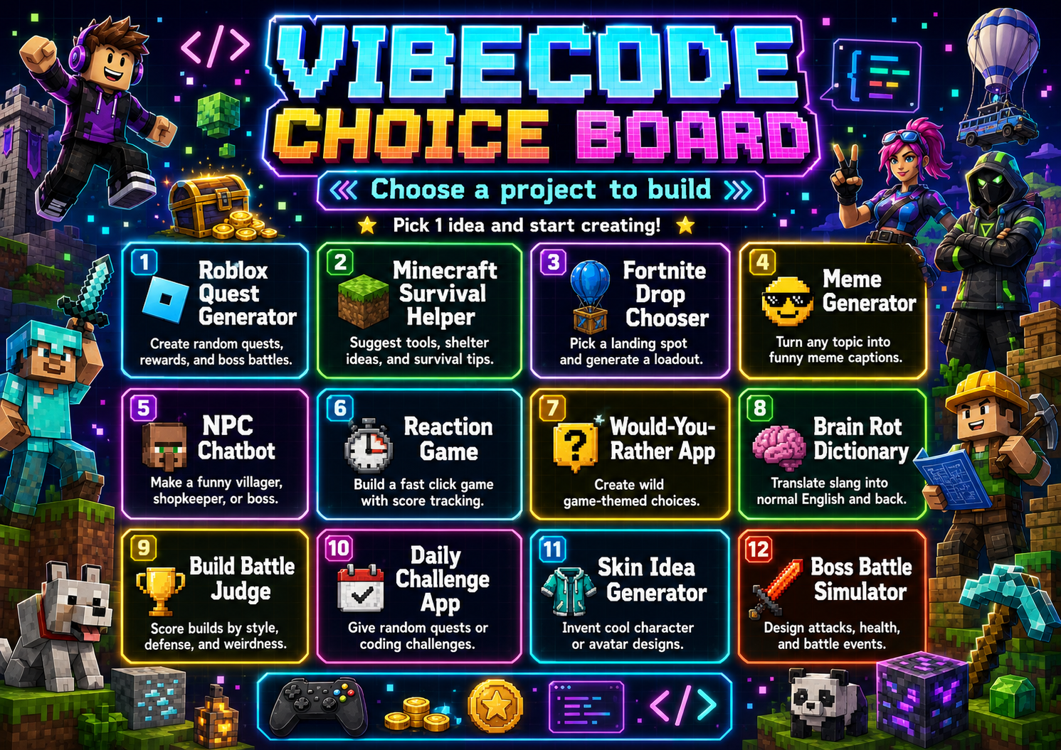 VIBECODE choice board with 12 activities